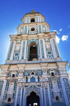 Saint Sophia Sofia Cathedral Spire Tower Golden Dome Sofiyskaya Square Kiev Ukraine.  Saint Sophia is oldest Cathedral and Church in Kiev.  Saint Sofia was built by King Yaroslov the Wise in 1037.