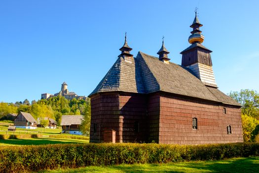 Scenic view of old traditional Slovak wooden church in open air museum (skanzen) Stara Lubovna, Slovakia