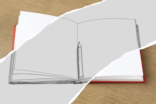 illustration of empty pages of opened notebook or sketchbook  on wooden table with freehand hand drawn, business, education, art