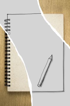 illustration of notebook or sketchbook on wooden table with freehand hand drawn, art, education