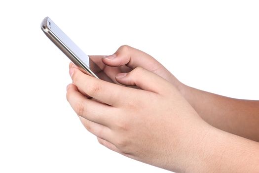 Asian boy's hand holding and touch on Smart phone with blank screen on white background, Social Network