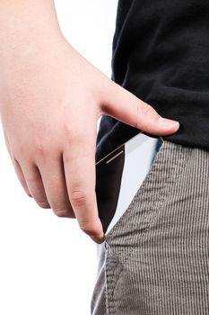 smart phone with a black screen in the pocket of jeans on white background