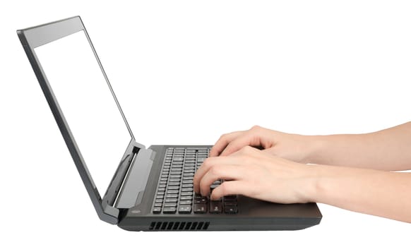 Humans hand working on laptop on isolated white background