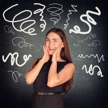 Happy woman with teeth smile looking at camera on abstract background