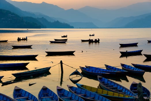 Sunset on Phewa Lake in Pokhara, Nepal