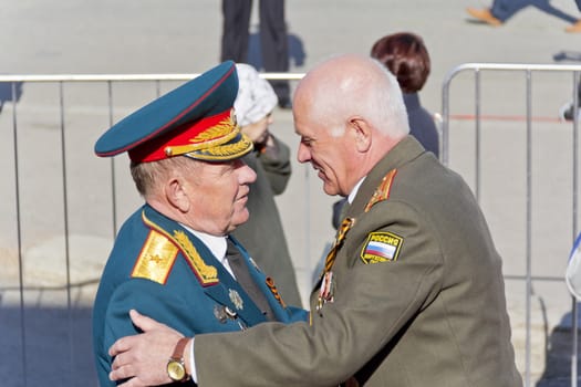Samara, Russia - May 9, 2015: Meeting of general and colonel old friends on celebration on annual Victory Day