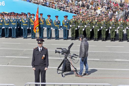 Samara, Russia - May 9, 2015: Operator on ceremony of the opening military parade on annual Victory Day