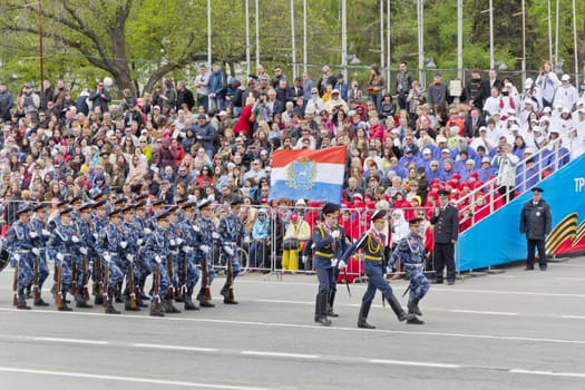 Samara, Russia - May 9: Russian soldiers march at the parade on annual Victory Day, May, 9, 2015 in Samara, Russia.

