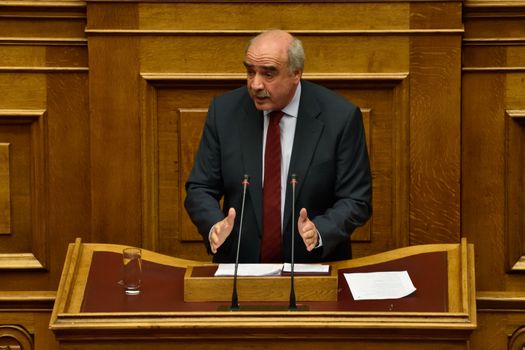 GREECE, Athens: Vangelis Meimarakis, leader of the New Democracy political party, addresses the plenary session of the Greek Parliament during the debate on the new austerity omnibus bill, in Athens, on October 16, 2015. The Greek Parliament approved with 154 votes of the total of 294 lawmakers present a new omnibus bill on prior actions requested by the country's lenders in order to release about 2 billion euros of bailout money.