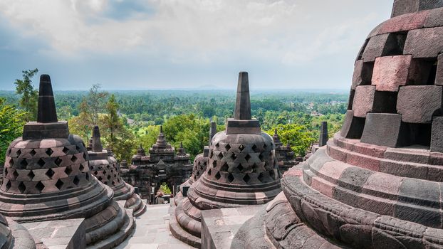 Stupas on the top of Borobudur close to Yogyakarta