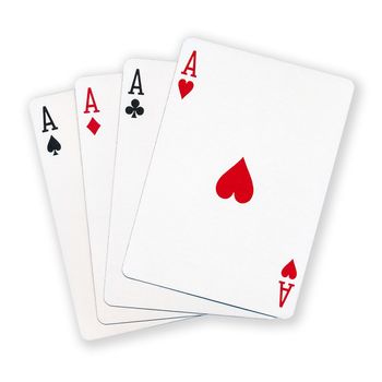 A winning poker hand of four aces playing cards suits on white background