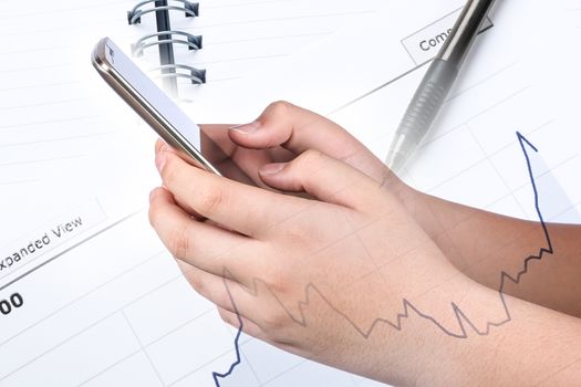 Asian boy's hand holding and touch on Smart phone with blank screen on business background, Social Network, financial, investment