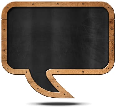 Empty blackboard with wooden frame in the shape of a speech bubble with nails. Isolated on white background