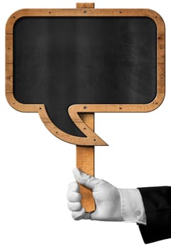 Hand of chef with white glove holding a pole with empty blackboard in the shape of speech bubble. The chef recommends concept
