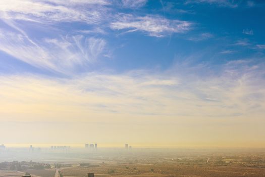 Dubai skyline, United Arab Emirates. Desert and city.