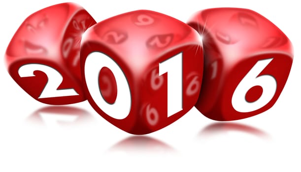 Three red dice with the written 2016 and reflections