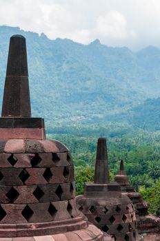 Stupas on top of Borobudur near Yogyakarta in Indonesia