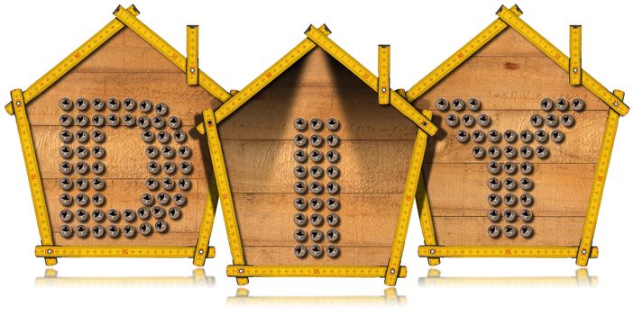 Three yellow wooden meter rulers in the shape of houses with text Diy (Do it yourself). Isolated on white