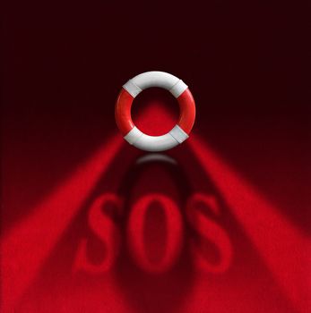 Red and white lifebuoy on a red velvet background with shadow in the shape of text SOS. Help concept