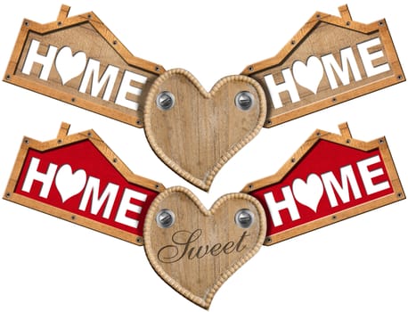 Collection of wooden and red labels with text Home sweet home and wooden heart. Isolated on white background