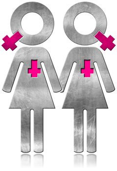 Metallic symbol with a lesbians couple holding hands, lesbian relationship concept. Isolated on white background