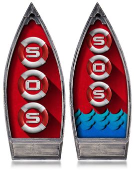 Two rowboats with three lifebuoys inside and text Sos, blue waves and red velvet. Isolated on white background