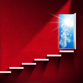 Room with red wall and white stairway, open door with blue sky, clouds and sun rays. Heaven and hell concept