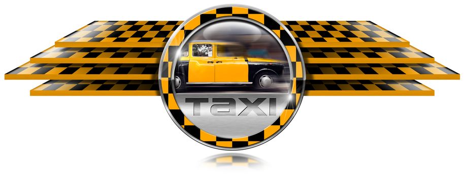 Round winged metal icon with yellow and black Taxi in motion. Isolated on white background