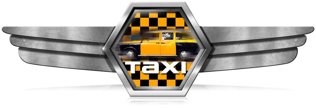 Hexagonal winged metal icon with yellow and black Taxi in motion. Isolated on white background