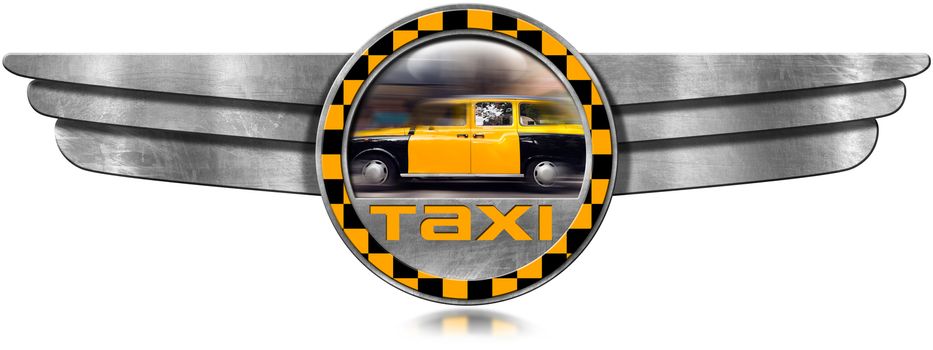 Round winged metal icon with yellow and black Taxi in motion. Isolated on white background