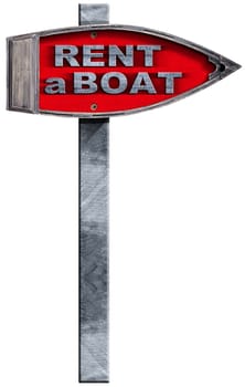 Wooden directional sign with pole, in the shape of row boat with text Rent a Boat. Isolated on white background