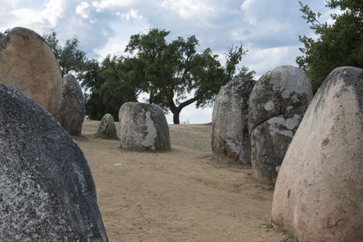 Menhirs in megalithic monument of Cromelech dos Almendres - Evora -Portugal