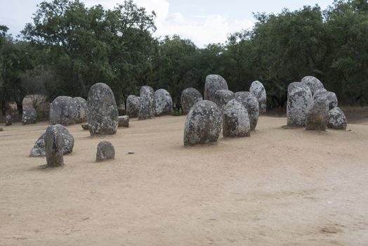 Menhirs in megalithic monument of Cromelech dos Almendres - Evora -Portugal