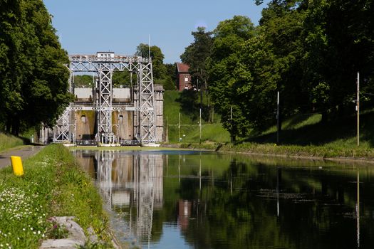 Old hydraulic boat lifts and historic Canal du Centre, Belgium, Unesco Heritage - The hydraulic lift of Strepy-Bracquegnies