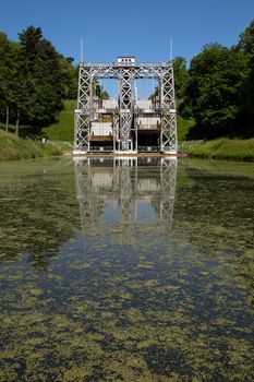 Old hydraulic boat lifts and historic Canal du Centre, Belgium, Unesco Heritage - The hydraulic lift of Strepy-Bracquegnies