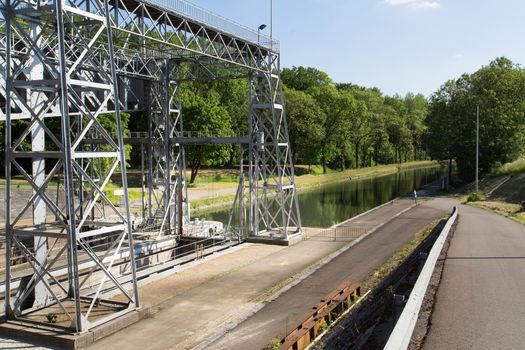 Old hydraulic boat lifts and historic Canal du Centre, Belgium, Unesco Heritage - The hydraulic lift of Strepy-Bracquegnies