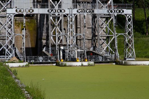 Old hydraulic boat lifts and historic Canal du Centre, Belgium, Unesco Heritage - The hydraulic lift of Strepy-Bracquegnies