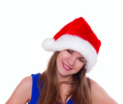 Expressive emotional girl in a Christmas hat on a white background. isolate