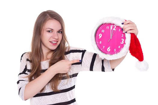 portrait of santa girl with clock over white background