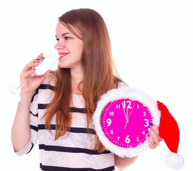 beautiful young woman with clock and glass of champagne, isolated on white