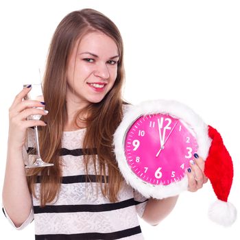 beautiful young woman with clock and glass of champagne, isolated on white