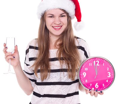 beautiful young woman with clock and glass of champagne, isolated on white