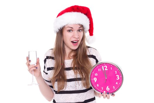 beautiful young woman with clock and glass of champagne, isolated on white