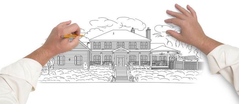 Male Hands Sketching with Pencil the Outline of a Beautiful House on White.