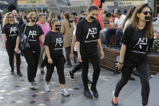 GREECE, Athens: Athens residents protest human trafficking by participating in the Walk for Freedom, a global initiative by the A21 Campaign, on October 17, 2015. The walk was one of several held worldwide by the organisation, which aims to raise awareness of human trafficking and provide support to survivors.  	