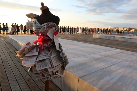 GREECE, Thessaloniki: A quirky outdoor fashion show with clothing made of recycled materials was held on the seafront promenade of Thessaloniki, northern Greece on September 28, 2015.	Professional designers, amateurs, fashionistas, architects and artists inspired by the city, the sea, the sky, the light and the colors of the New Promenade made unique creations from worthless items and recycled fabrics.