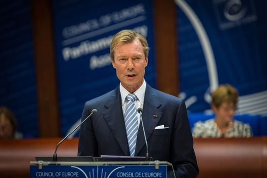 FRANCE, Strasbourg: The Grand-Duke Henri of Luxembourg delivers a speech during the autumn session of the Parliamentary Assembly of the Council of Europe, on September 29, 2015, in Strasbourg, France.