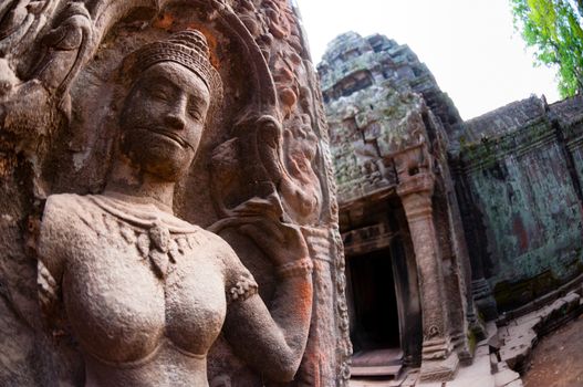 Close-up of Apsara stone carving at Ta Phrom Angkor Wat
