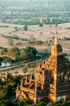 Impressive stone temple in Bagan Myanmar Burm. Seen from a hot air balloon