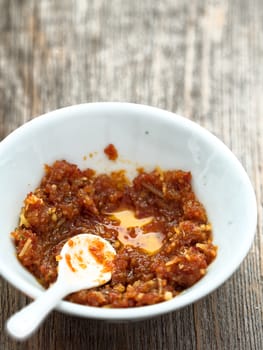 close up of rustic italian sicilian pesto sauce